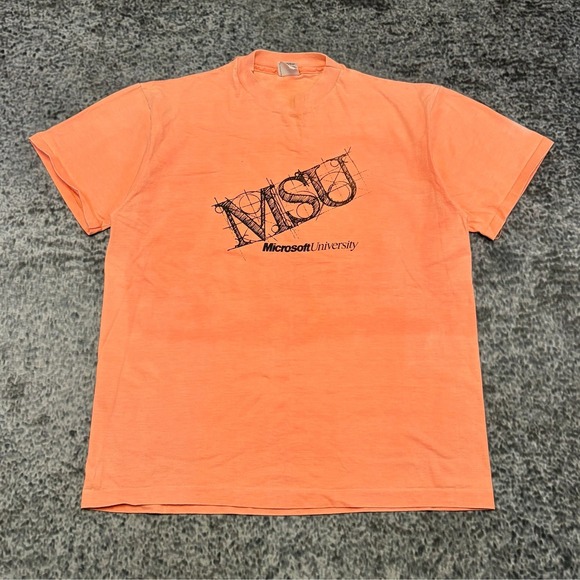 VTG 90s Microsoft University T Shirt Mens Large Orange Tech Internet Promo